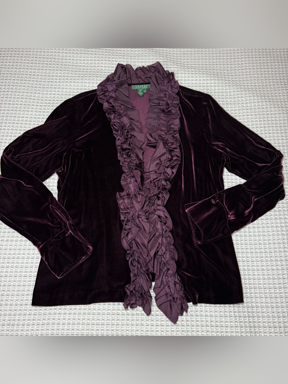 Lauren Ralph Lauren Blazer Womens Size Purple Velvet Silk Ruffle Collar Jacket